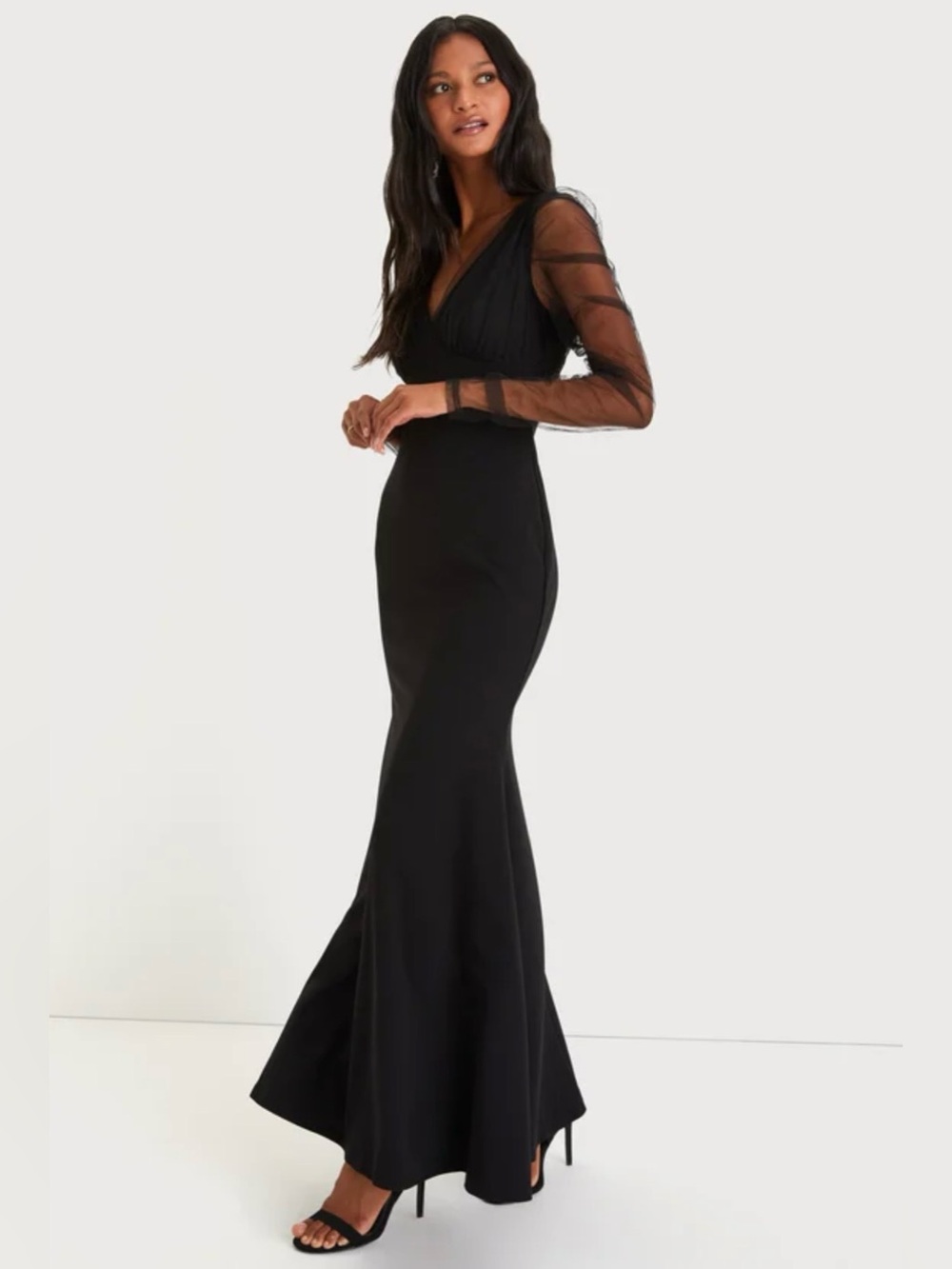 NWT Lulus Red Carpet Energy Black Tulle Sleeve Mermaid Maxi Dress Gown Size XS